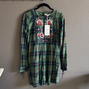 Zara Green Plaid Dress with Red Floral Embroidery